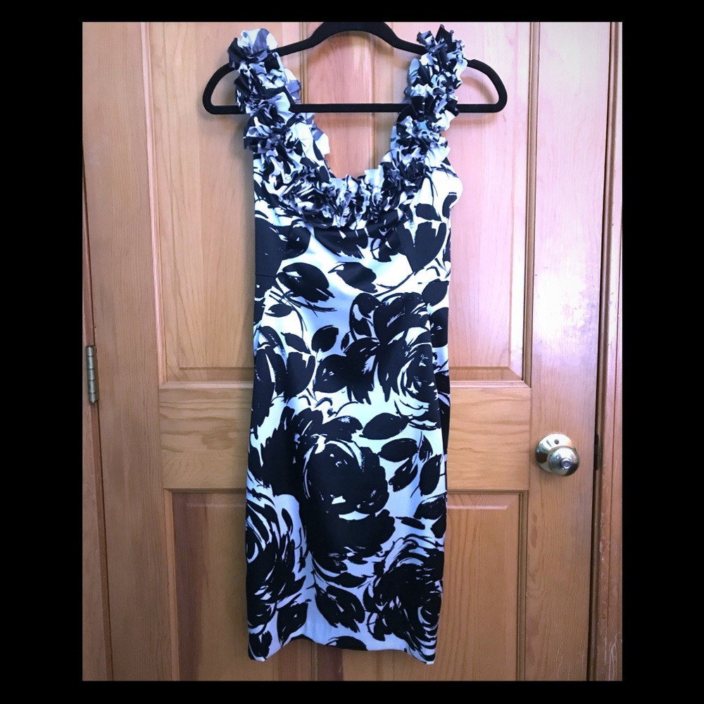 WHBM Satin Ruffle Floral Pattern Cocktail Dress